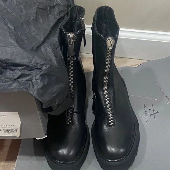 Aquatalia Black Combat Boots with Silver Zippers - Picture 1 of 4